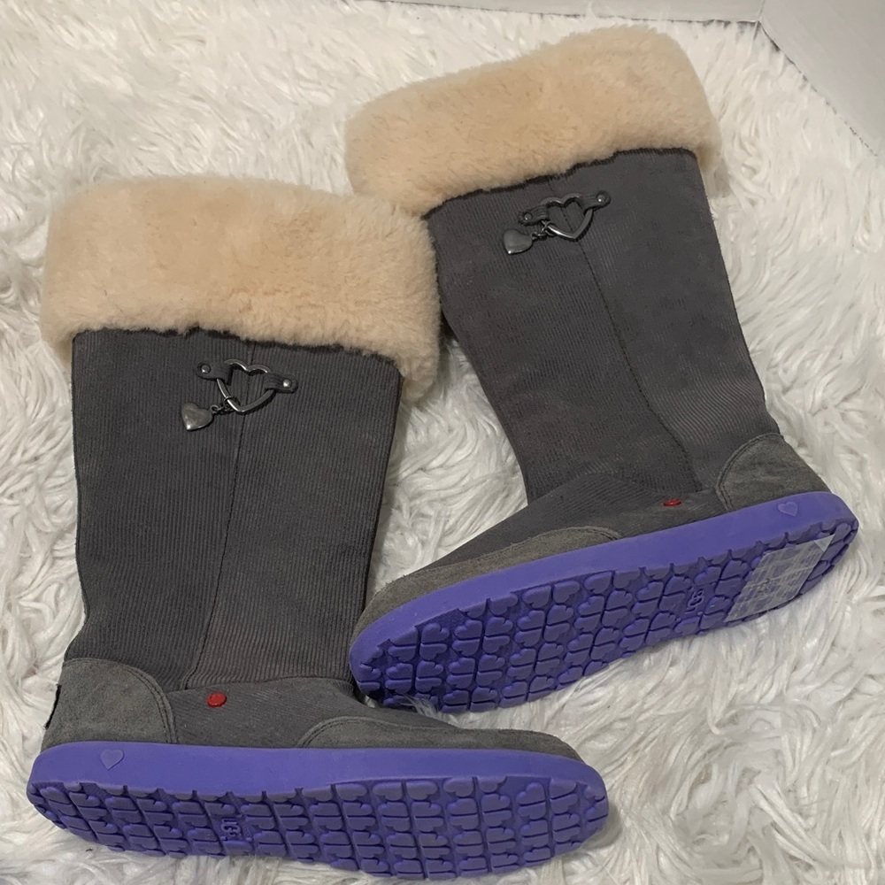 UGG Gray Boots with Cream Fur and Purple Soles NWOT